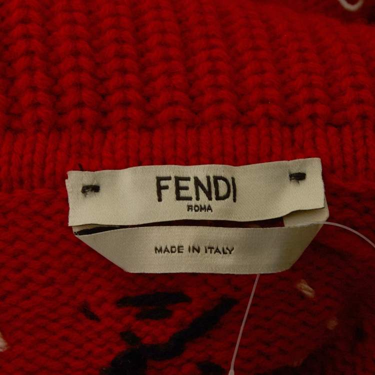 Pre Owned Fendi Red FF Intarsia Wool Turtle Neck Sweater S