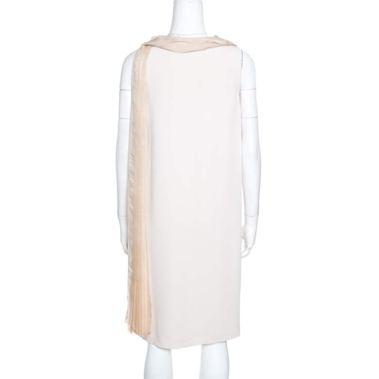 Pre Owned Fendi Beige Silk Pleated Faux Scarf Neck Detail Sleeveless Dress S
