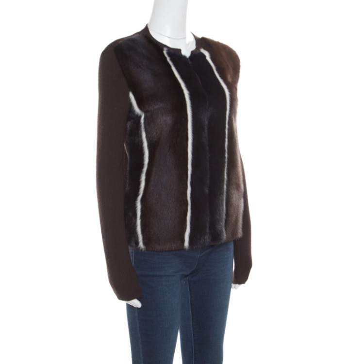 Pre Owned Fendi Brown Stretch Wool Mink Fur Paneled Zip Front Sweater S
