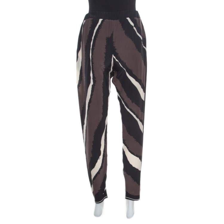 Pre Owned Fendi Brown Printed Silk Elasticized Waist Tapered Pants S