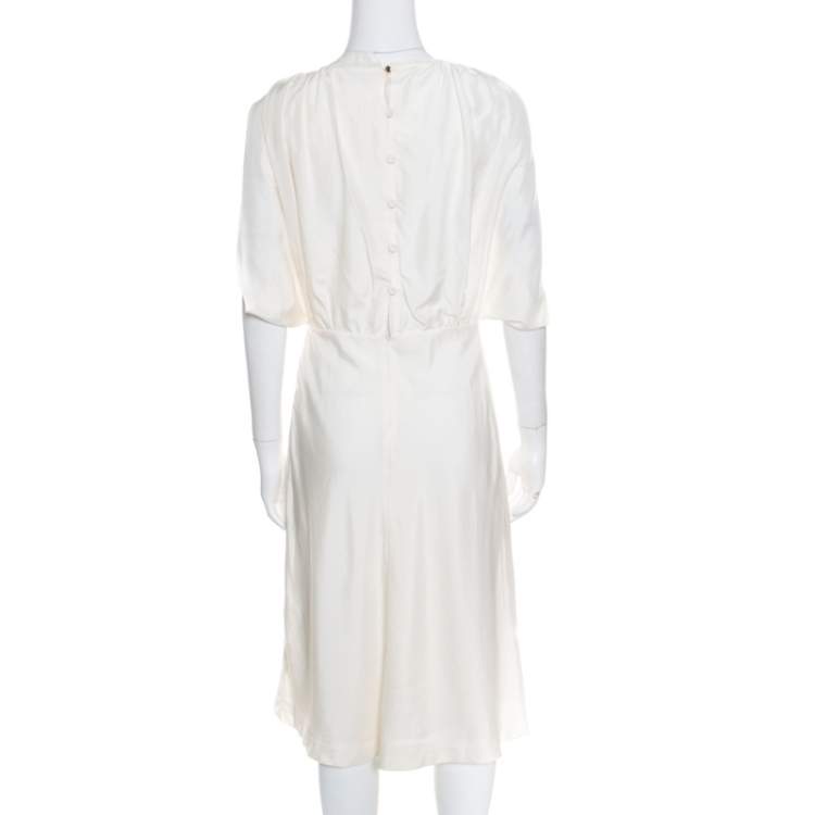 مملوكة مسبقًا Fendi Cream Silk V-Neck Cut Out Sleeve Detail Inverted Pleat Dress S