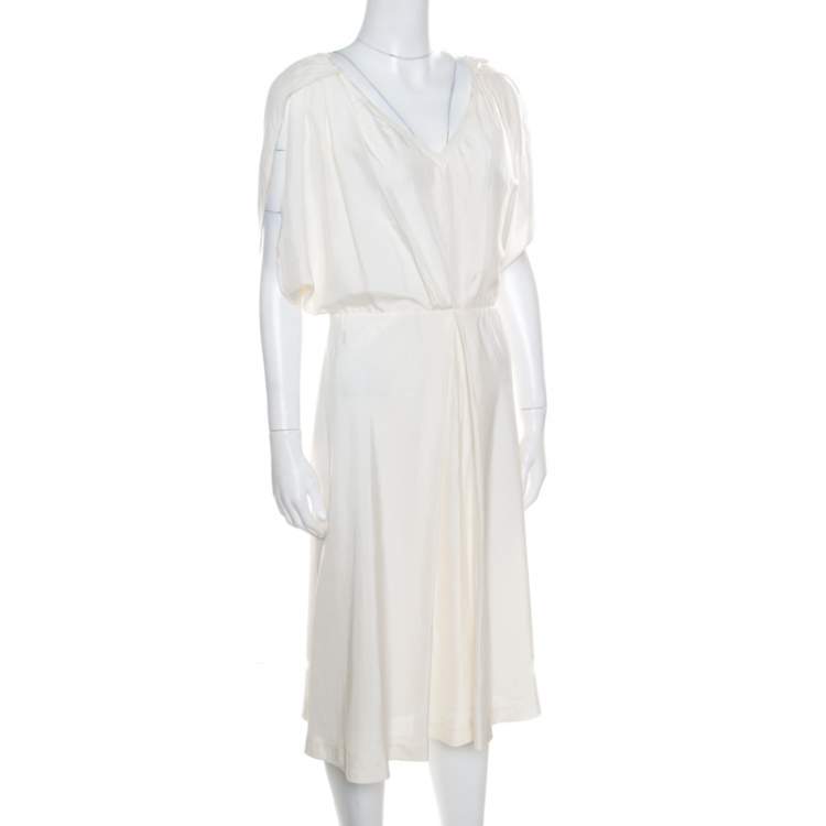 مملوكة مسبقًا Fendi Cream Silk V-Neck Cut Out Sleeve Detail Inverted Pleat Dress S