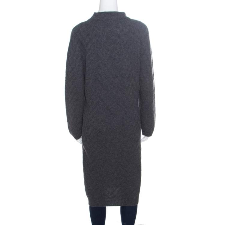 Pre Owned Fendi Grey Chevron Patterned Cashmere Knit High Neck Sweater Dress S