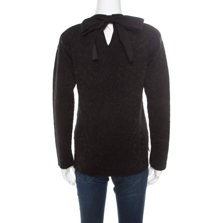 Pre Owned Fendi Black Floral Jacquard Lurex Knit Neck Tie Detail Sweater S