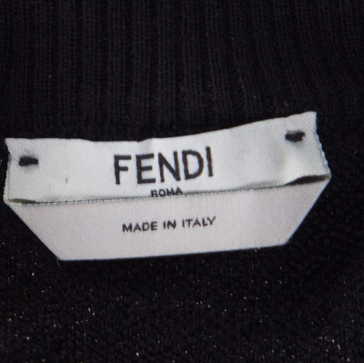 Pre Owned Fendi Black Floral Jacquard Lurex Knit Neck Tie Detail Sweater S