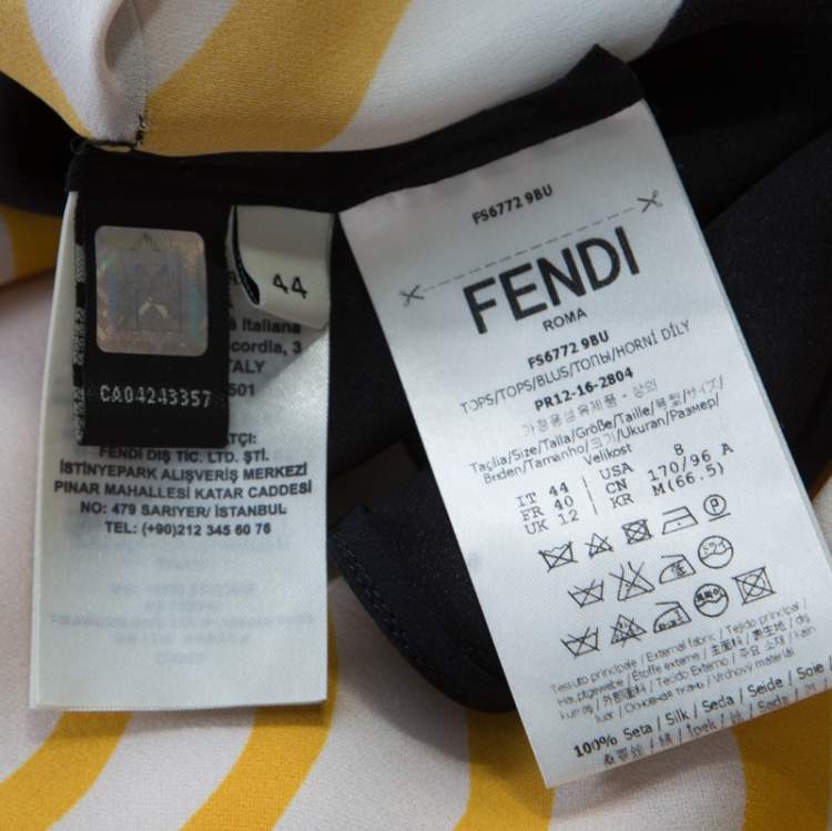 Pre Owned Fendi Yellow and Off White Wave Printed Silk Contrast Bow Trim Detail Kaftan Top M