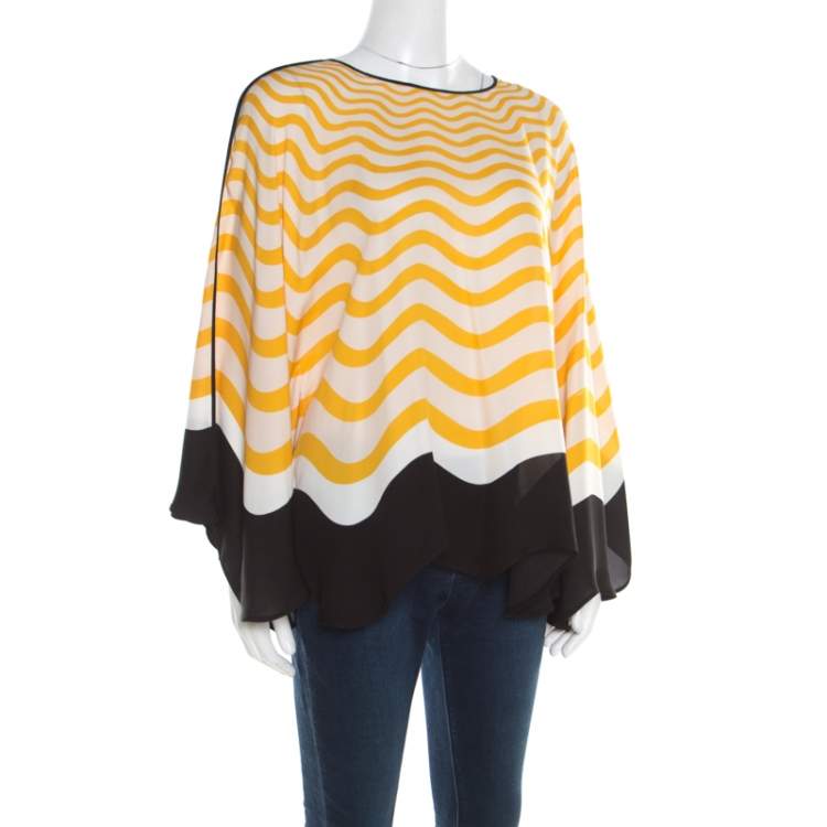 Pre Owned Fendi Yellow and Off White Wave Printed Silk Contrast Bow Trim Detail Kaftan Top M