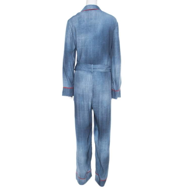 Pre Owned Fendi Indigo Denim Effect Printed Belted Jumpsuit M