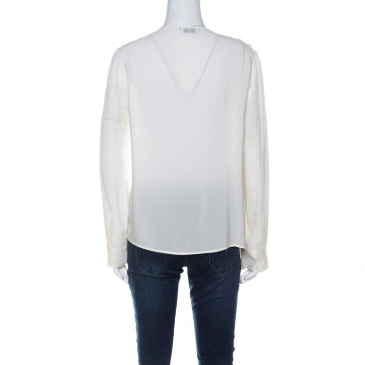 Pre Owned Fendi Cream Silk Buttoned Shoulder Asymmetrical Waterfall Front Blouse M 