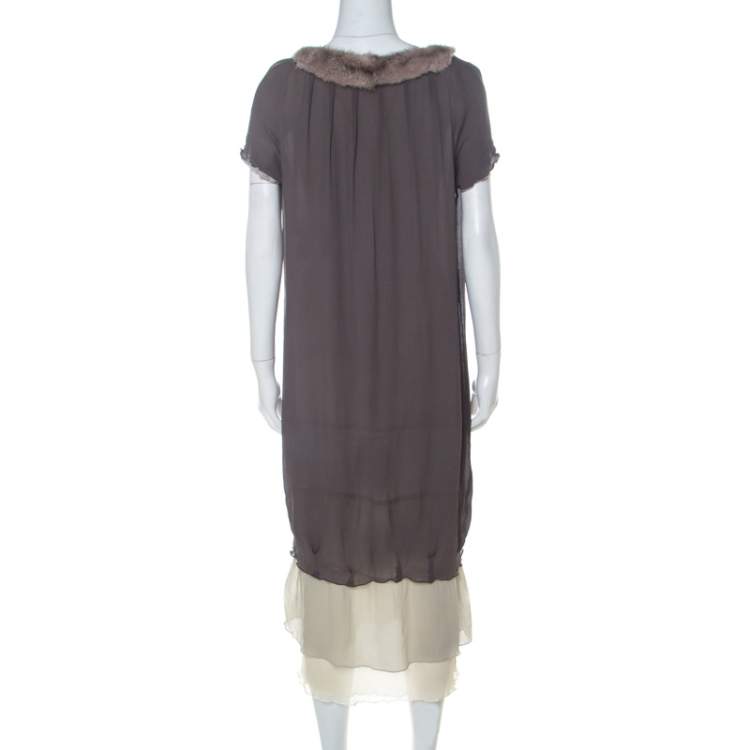 Pre Owned Fendi Grey Silk Ombre Fur Detail Layered Short Sleeve Dress M