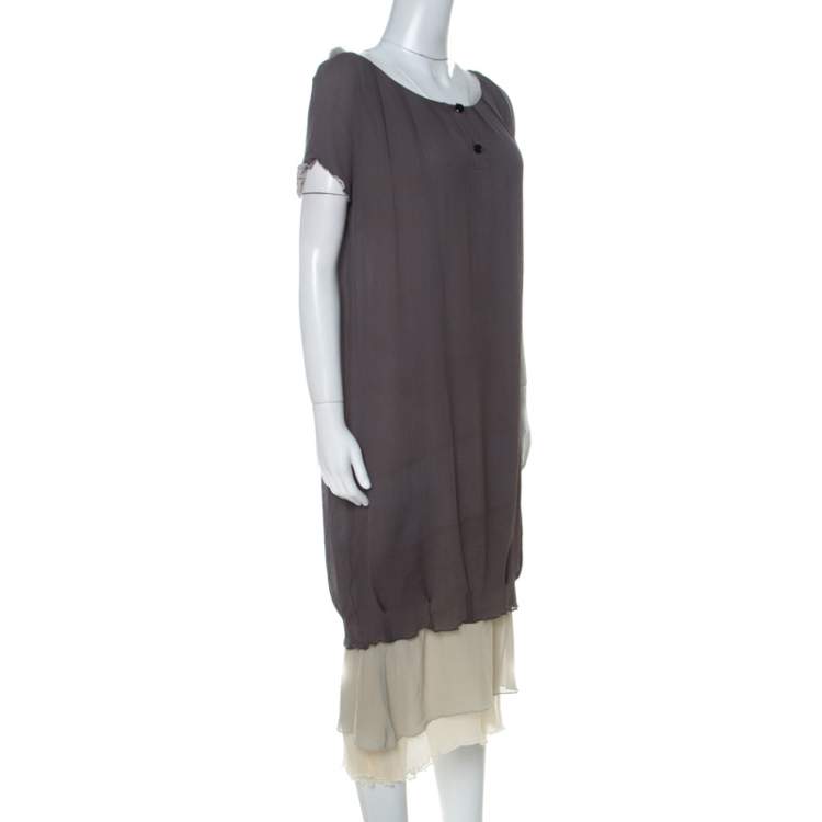 Pre Owned Fendi Grey Silk Ombre Fur Detail Layered Short Sleeve Dress M