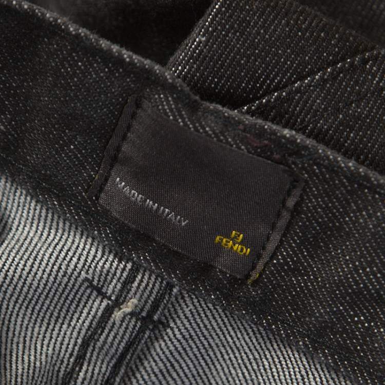 Pre Owned Fendi Dark Grey Washed Out Denim Leather Trim Detail Jeans M