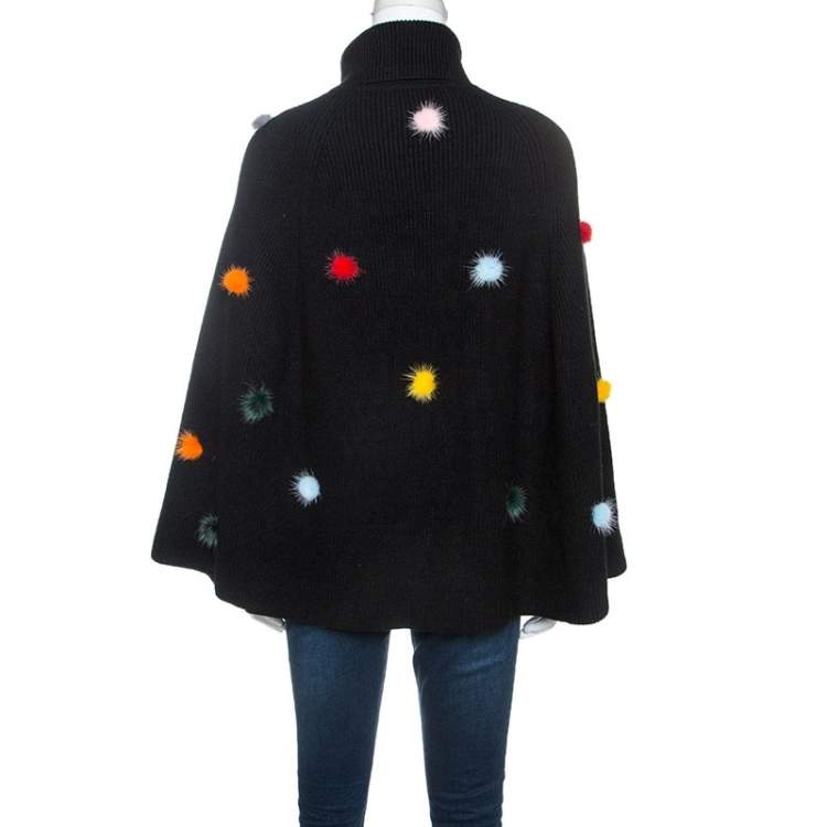 Pre Owned Fendi Black Wool Pom Pom Detail Turtleneck Cape (One Size)