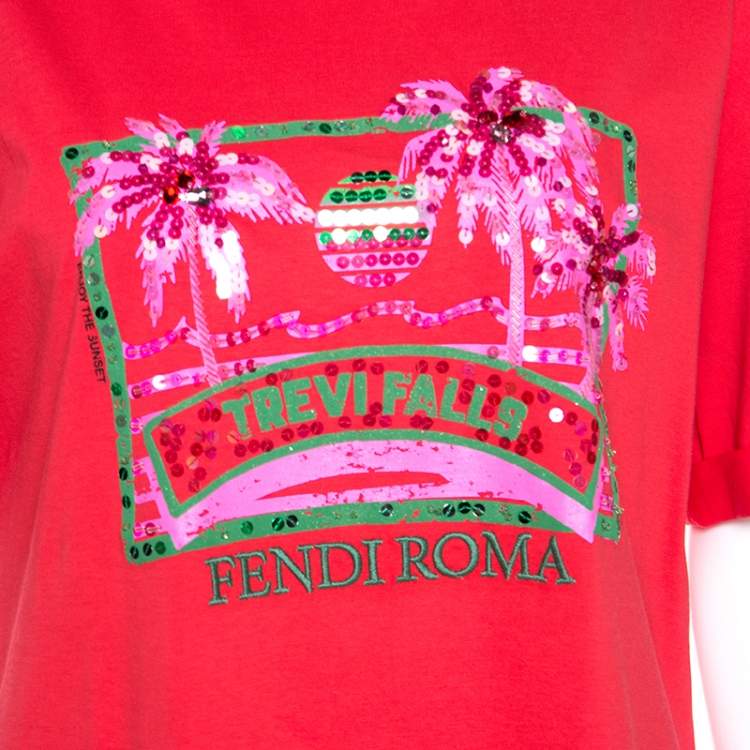 Pre Owned Fendi Coral Red Cotton Embellished Detail Trevi Falls T-Shirt XS