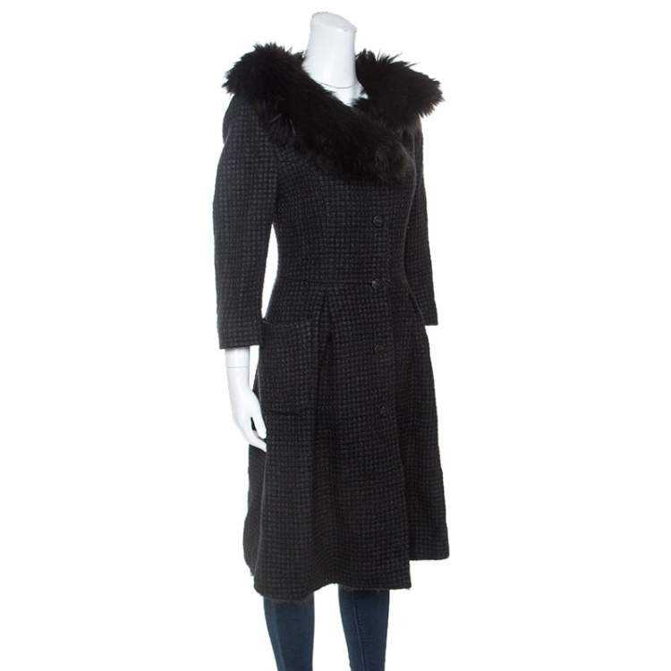 Pre Owned Fendi Charcoal Grey Wool & Silk Fur Trim Coat M