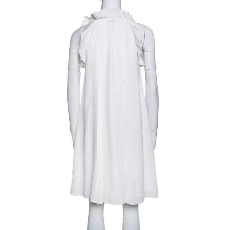 Pre Owned Fendi Off White Silk Ruffle Detail Pleated Short Dress S