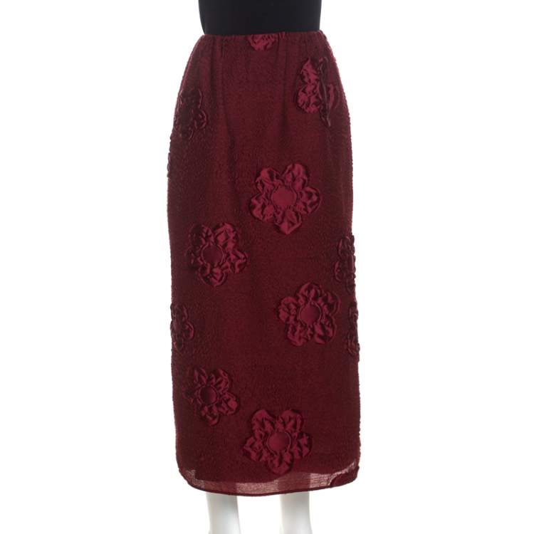 Pre Owned Fendi Burgundy Floral Jacquard Midi Skirt M