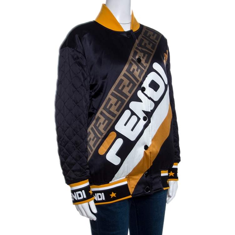 Pre Owned Fendi Black Logo Print Silk Reversible Quilted Bomber Jacket S