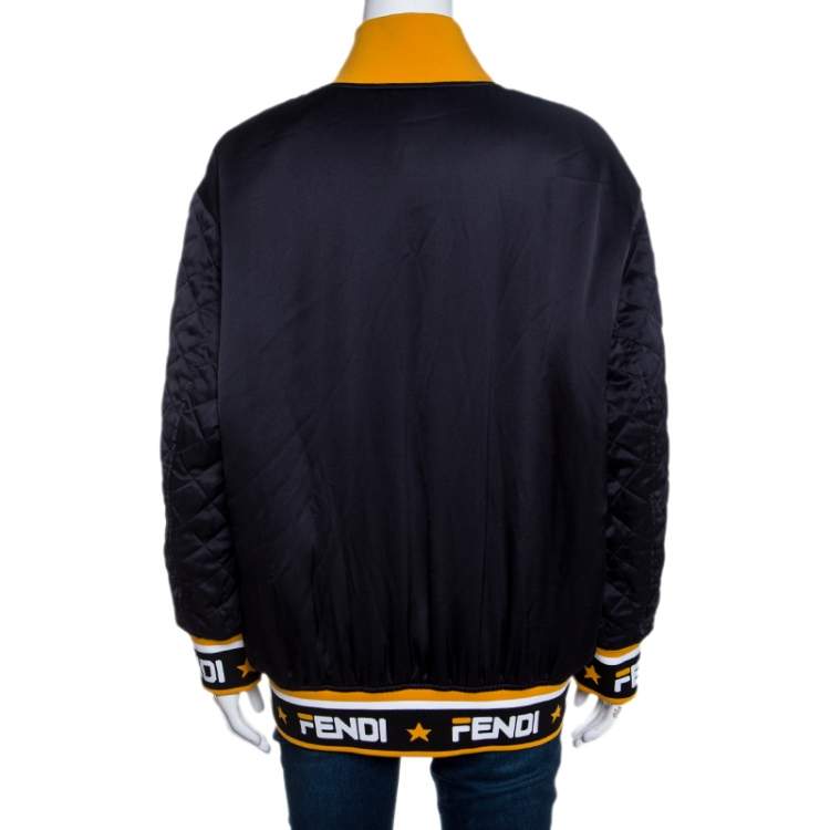 Pre Owned Fendi Black Logo Print Silk Reversible Quilted Bomber Jacket S