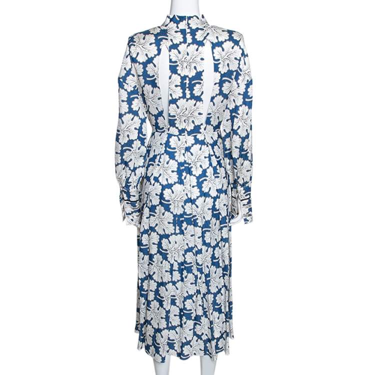 Pre Owned Fendi Blue Floral Printed Silk Cutout Detail Midi Dress M