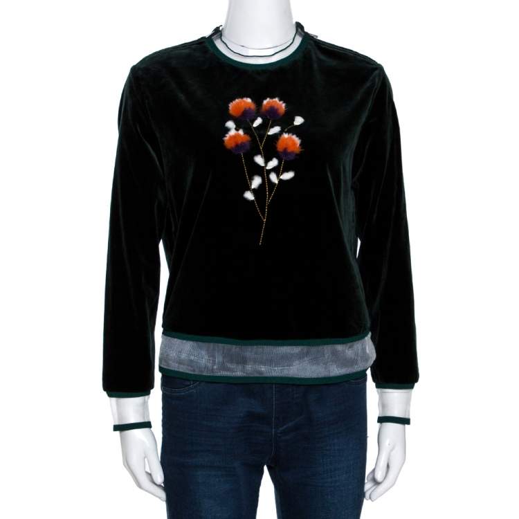 Pre Owned Fendi Dark Green Velvet Mink Fur Floral Appliqued Top S