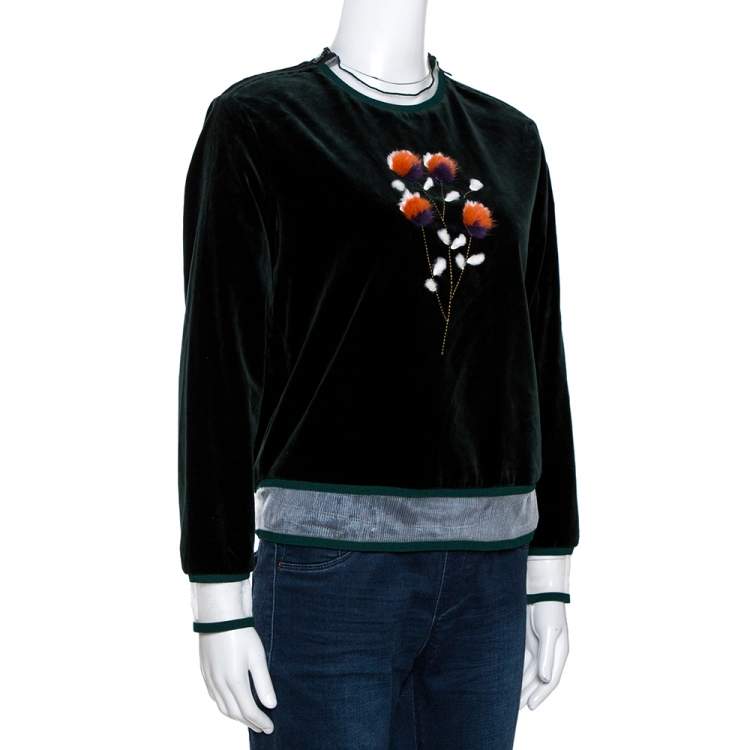 Pre Owned Fendi Dark Green Velvet Mink Fur Floral Appliqued Top S