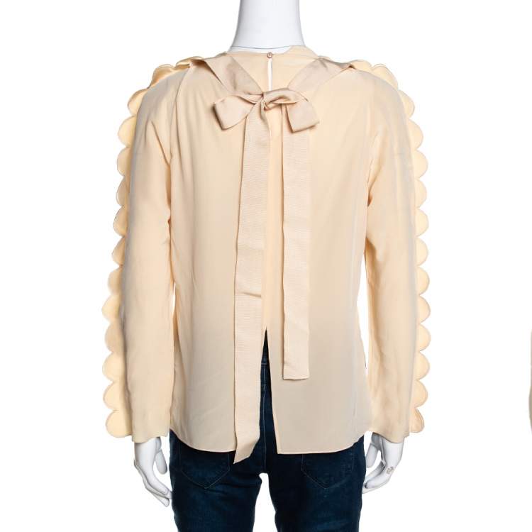 Pre Owned Fendi Cream Silk Scalloped Long Sleeve Blouse S