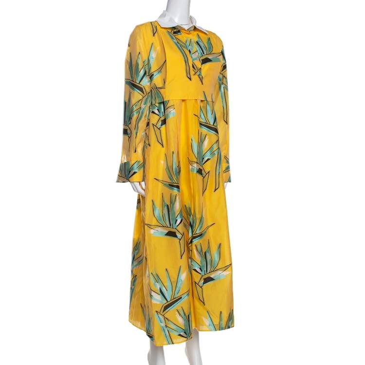 Pre Owned Fendi Yellow Silk Jacquard Birds of Paradise Flower Dress M