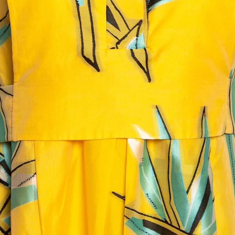 Pre Owned Fendi Yellow Silk Jacquard Birds of Paradise Flower Dress M
