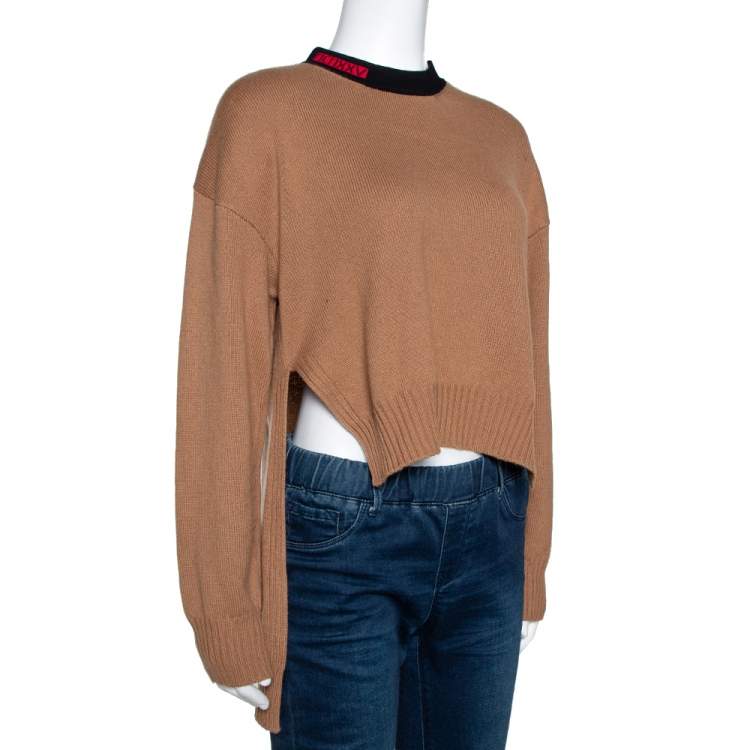 Pre Owned Fendi Sand Brown Cashmere Blend MCMXXV Detail Asymmetric Sweater M