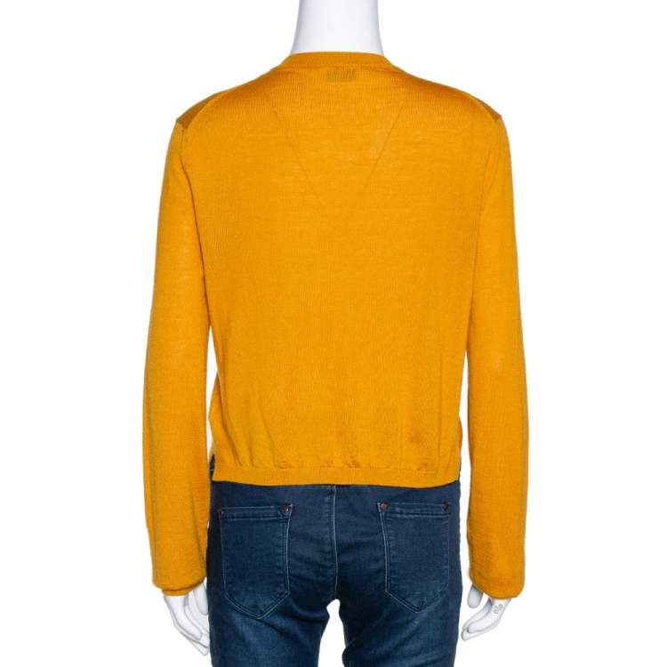 Pre Owned Fendi Mustard Yellow Cashmere Silk Neck Tie Detail Embellished Cardigan M
