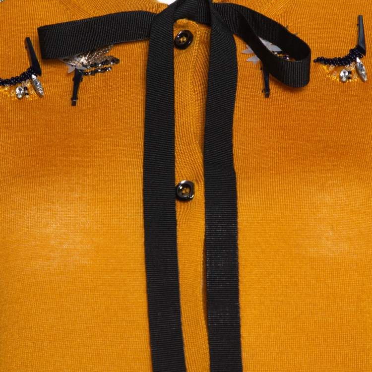Pre Owned Fendi Mustard Yellow Cashmere Silk Neck Tie Detail Embellished Cardigan M