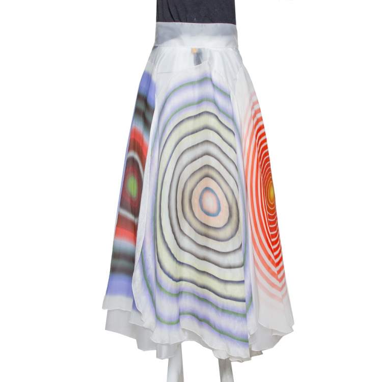 Pre Owned Fendi White Abstract Print Sheer Layered Maxi Skirt M