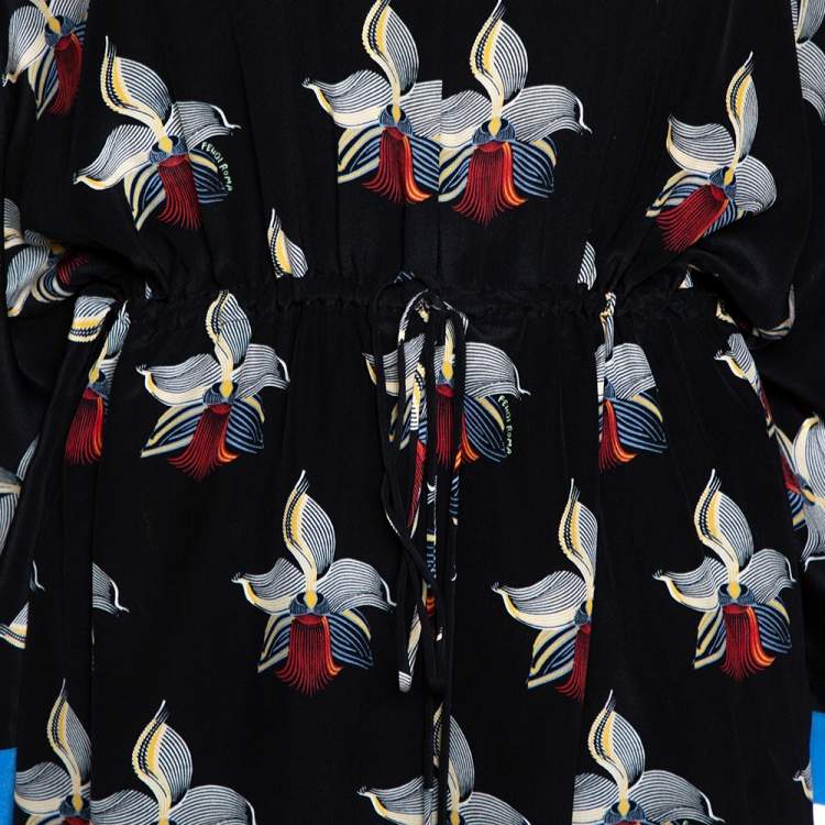 Pre Owned Fendi Black Orchid Print Silk Oversized Maxi Kaftan S