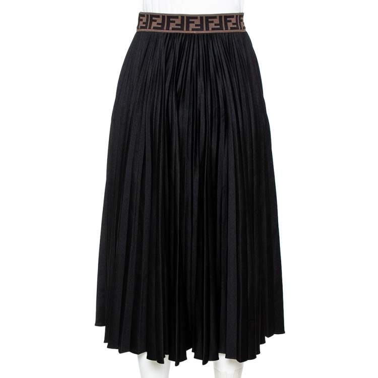 Pre Owned Fendi Black Techno Jersey FF Logo Trim Pleated Skirt S