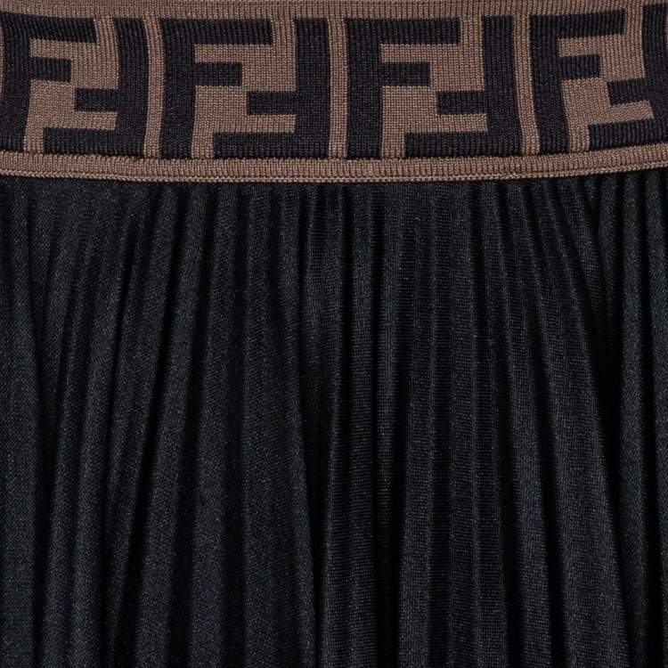 Pre Owned Fendi Black Techno Jersey FF Logo Trim Pleated Skirt S