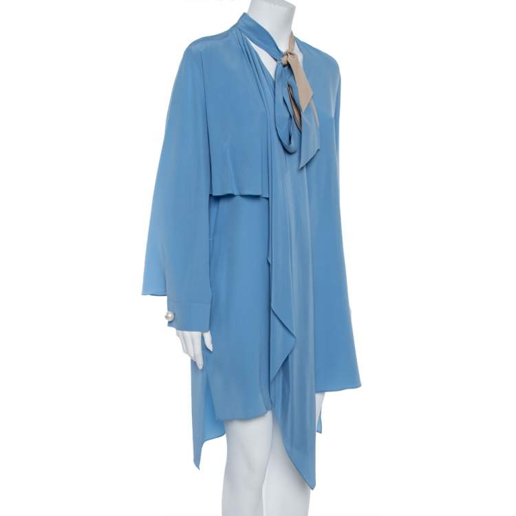 Pre Owned Fendi Blue Silk Neck Tie Detail Draped Asymmetrical Dress S