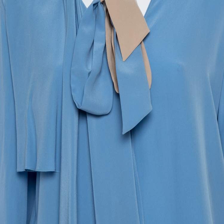 Pre Owned Fendi Blue Silk Neck Tie Detail Draped Asymmetrical Dress S