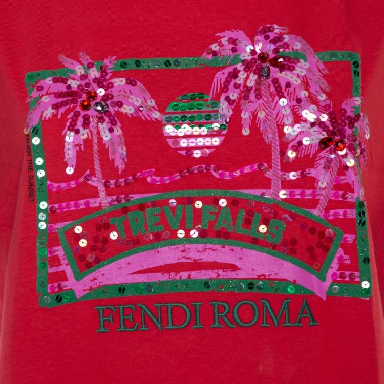 Pre Owned Fendi Coral Pink Cotton Sequin Embellished T Shirt XS