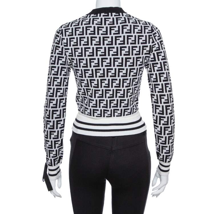 Pre Owned Fendi Monochrome FF Logo Jacquard Knit Crop Top S