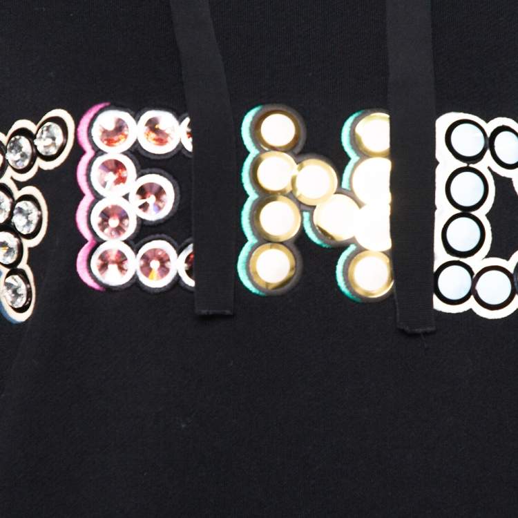 Pre Owned Fendi Black Cotton Logo Studded Long Hoodie S