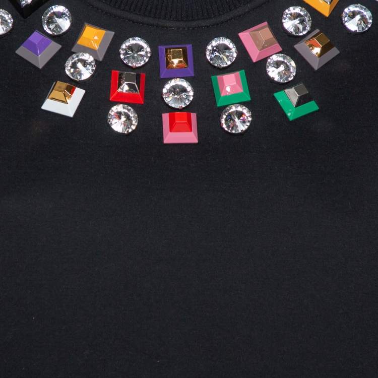 Pre Owned Fendi Black Knit Embellished Neck Detail Cropped Sweatshirt M