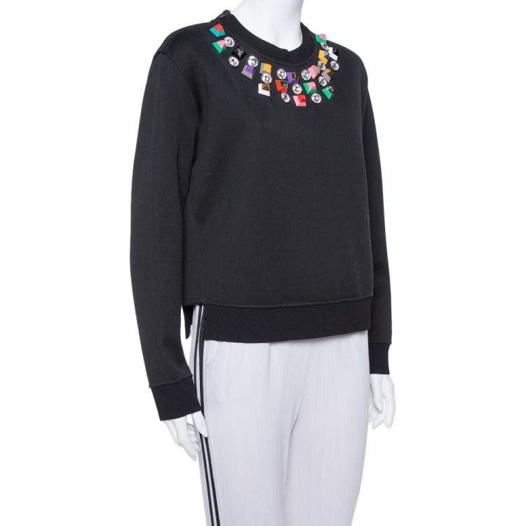 Pre Owned Fendi Black Knit Embellished Neck Detail Cropped Sweatshirt M