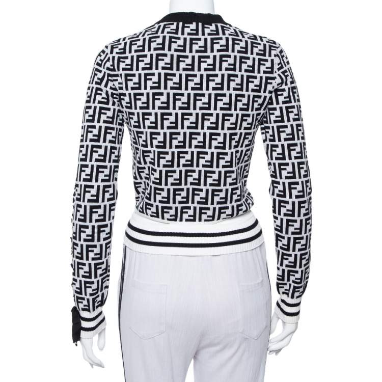 Pre Owned Fendi Monochrome Zucca Monogram Intarsia Knit Crop Top S