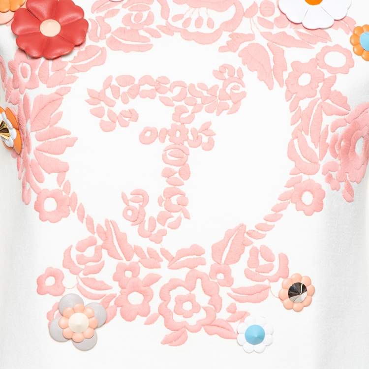 Pre Owned Fendi Cream Knit Floral Embroidered Applique Detail Pullover S