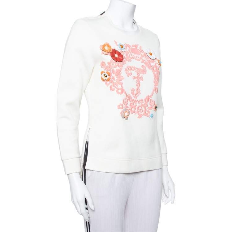 Pre Owned Fendi Cream Knit Floral Embroidered Applique Detail Pullover S