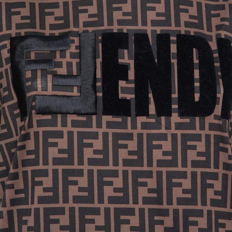 Pre Owned Fendi Brown Logo Printed Cotton Embroidered Crewneck T Shirt S