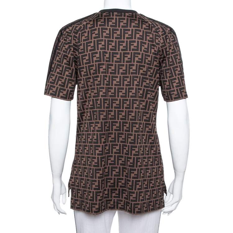 Pre Owned Fendi Brown Logo Printed Cotton Embroidered Crewneck T Shirt S
