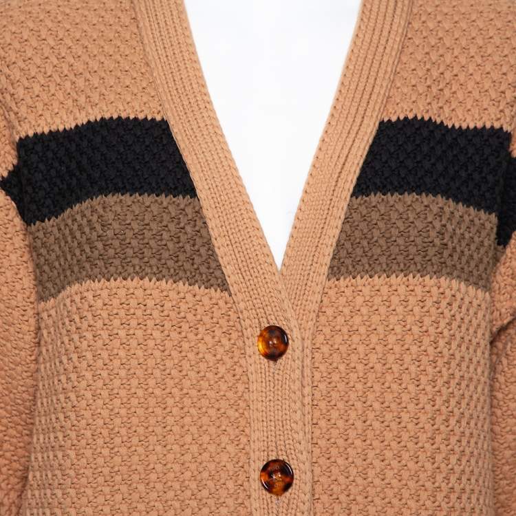 Pre Owned Fendi Brown Cable Knit Stripe Detail Cardigan XS
