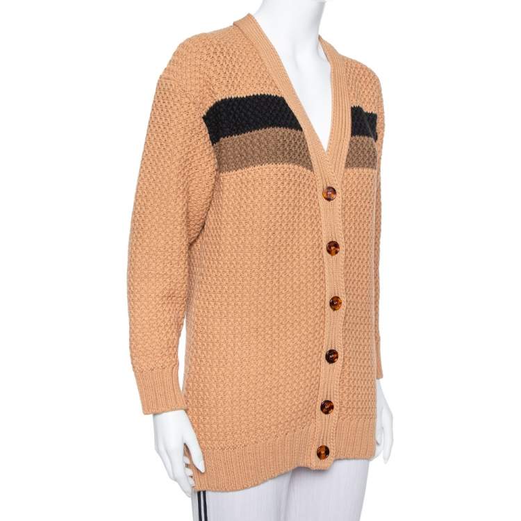 Pre Owned Fendi Brown Cable Knit Stripe Detail Cardigan XS